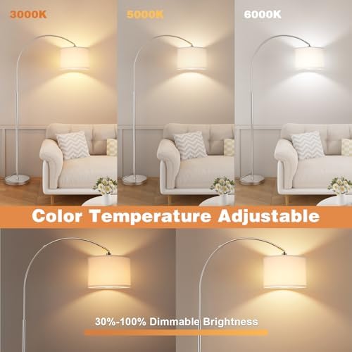 Ambimall Dimmable Arc Floor Lamp with Remote, Color Temp Adjustable, Silver - Image 4