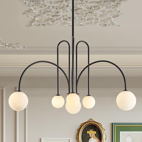 CATINER Modern 40" 6-Light Black Sputnik Chandelier with Milk Glass Globe by CATINER