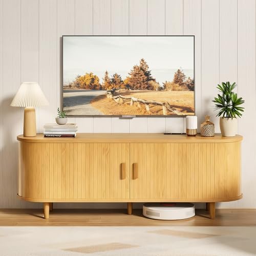 58" Mid Century Modern TV Stand, Wood TV Consoles with Sliding Doors and Power Outlet, Entertainment Center with Adjustable Shelves, Fluted TV Stands for Living Room, Oak - Image 2