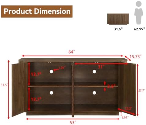64" Fluted Buffet Cabinet with Storage, Walnut Sideboard Cabinet - Image 2