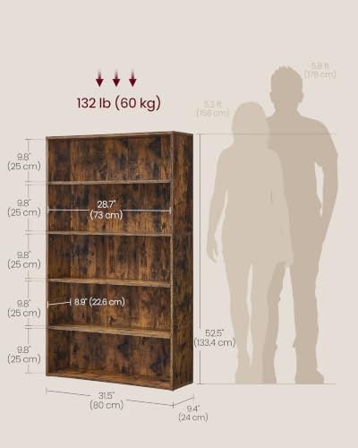 VASAGLE 5-Tier Bookshelf, Storage Organizer, 9.4 x 31.5 x 52.5 Inches - Image 3