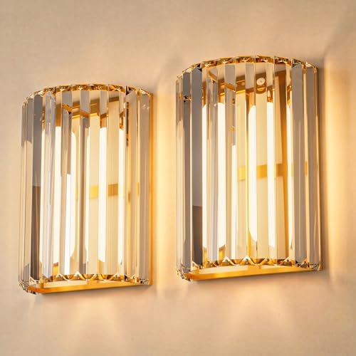 Gold Battery Operated Wall Sconces Set of Two, Crystal Wireless Wall Lights with Remote, Rechargeable Cordless Wall Lamps 12 RGB and 3 CCT Dimmable Decor for Bedroom Living Room Hallway by KeepShinning