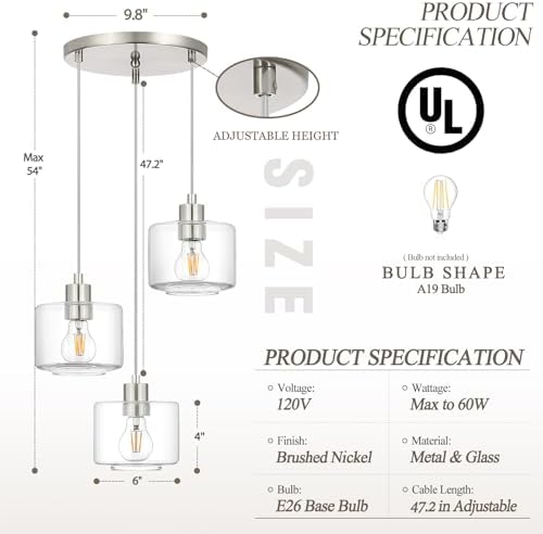 Brushed Nickel Dining Room Chandelier Light Fixture, 3-Light Pendant Lighting with Clear Glass, Modern Kitchen Island Cluster Hanging Pendant Lights for Kitchen Dining Room, OS-YQ8153-3BNC - Image 3
