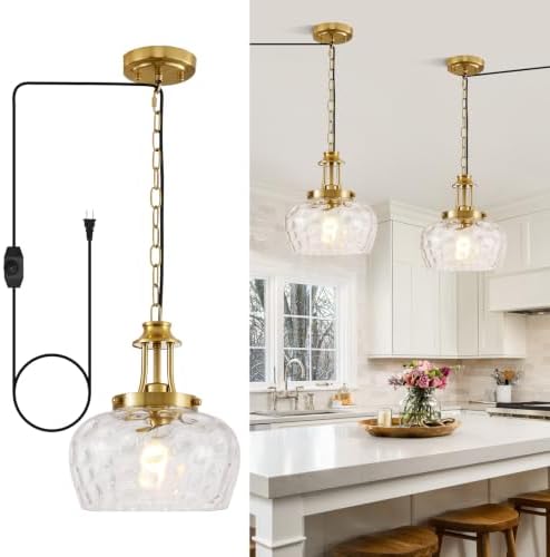 Plug in Pendant Lights Kitchen Island, Modern Brushed Gold Pendant Light Fixtures with 10" Clear Hammered Glass Shade, Industrial Hanging Pendant Lights Fixture for Kitchen Island Dining Room Entryway by BringBrightnesstoYourLife