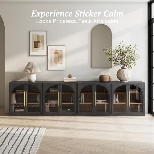 BELLEZE 2-Piece 65" Arched Sideboard with Glass Door, Accent Buffet Cabinet with Storage and Adjustable Shelves, Classic Modern Large Console for Living Room Kitchen Entryway (Ebony) - Image 3