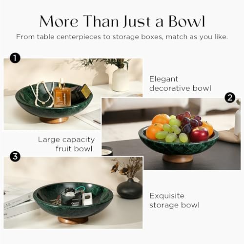 SAMAH Green Marble Fruit Bowl with Acacia Wood Pedestal, Large Decorative Marble Bowl, Natural Stone Fruit Bowl for Kitchen Counter, Entryway, Keys, Dining Table, House Warming Gifts New Home(11Inch) - Image 4