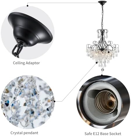 WUZUPS Crystal Chandelier 5-Light Pendant Ceiling Light Modern Lighting Fixture for Dining Room Hallway Bedroom Kitchen Bathroom, H 22.4" x W 18.3", E12 Base, Black - Image 3