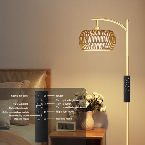 Ambimall Arc Floor Lamp with Remote & Rattan Double Shades, Gold Bohemian - Image 6