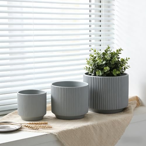 Oakrain Plant Pots with Vertical Stripes 7.8/6.5/5.2 inch, Set of 3 Modern Decorative Planters for Indoor Outdoor Plants, Flower Pot with Drainage Holes, Ceramic Blue - Image 6