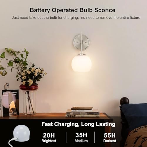 Brushed Nickel Battery Operated Wall Sconce Set of 2, Wireless Rechargeable Sconces Wall Lighting with Remote Control, LED Wall Lights with Opal White Glass Shade, 12 Colors RGB & 3 CCT Bulb - Image 2