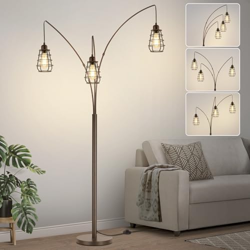 Industrial Floor Lamp, 3 Light Arc Floor Lamps for Living Room, 76 Inch Tall Standing Lamp with Metal Cage Shades & Foot Switch, Vintage Floor Lamp for Bedroom, Office, Corner, Bronze by Boncoo