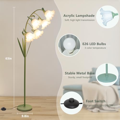 Flower Floor Lamp for Living Room, Arc Floor Lamp with 5 E26 LED Bulbs, Cute Green Floral Standing Lamp with 3 Color Modes, Foot Switch, Tall Modern Lamp for Kids Girls Bedrooms - Image 5