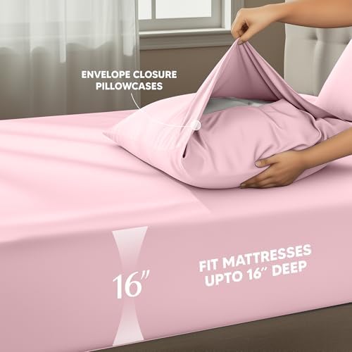 Twin Sheets Set, 3 Pieces 16" Deep Pocket Hotel Luxury Sheets, Crystal Pink - Image 4