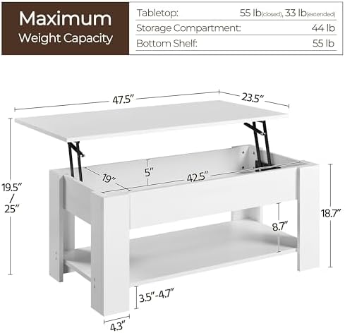 Yaheetech 47.2 in Lift Top Coffee Table with Hidden Storage & Shelf, White - Image 3
