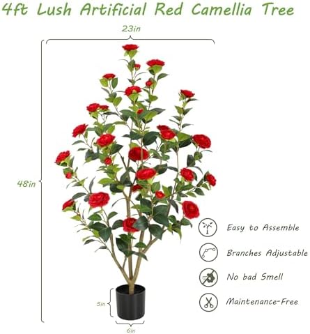Nafresh 4FT Lush Artificial Red Camellia Tree Outdoor 2 Pack, 48inch Faux Camellia Plant, Fake Camellia Flowers Tree for Indoor Outdoor Living Room Home Patio Front Door Garden Decor - Image 5