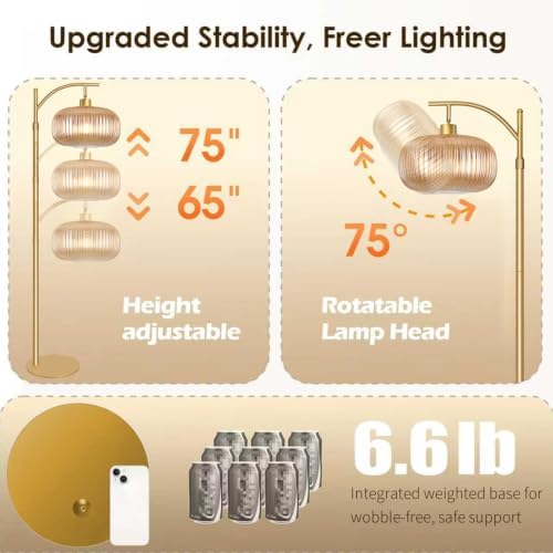 Gold Floor Lamp for Living Room,Bedroom,Dimmable Glass Standing Lamp with Amber Lampshade & Remote, Brass Tall Lamp Boho Modern Floor Lamps Arc Floor Light Lamp,12W Bulb Included - Image 4