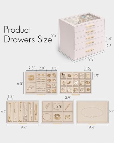 VLANDO 5 Layer Jewelry Box for Women, Glass Lid Jewelry Organizer with 5 Drawers for Necklaces Rings Earrings Bracelets - Light Pink - Image 5