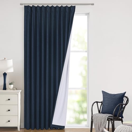 Vision Home Navy Blue Pinch Pleated Full Blackout Curtains Linen Blended Room Darkening Window Panels 108 inch for Living Room Bedroom Thermal Insulated Pinch Pleat Drapes with Hooks 60" Wx108 Lx1 by VisionHome
