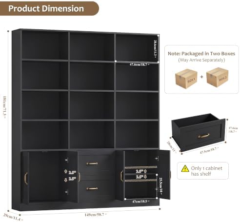 HOSTACK 71" Tall Triple Wide Bookshelf with Storage Drawers & Doors, Black - Image 3