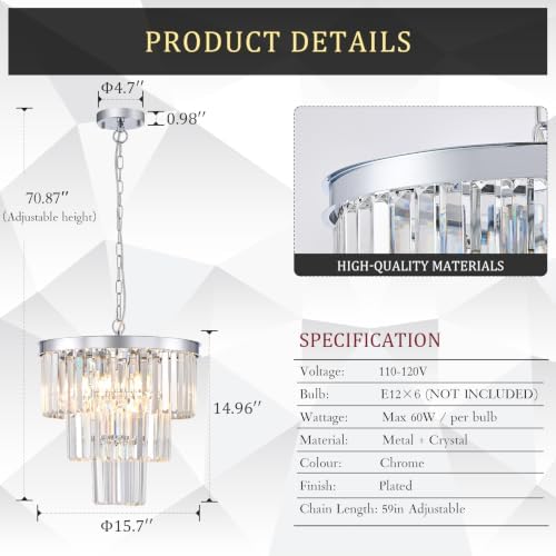 CATINER 16" Modern Crystal Chandeliers,6 Lights Chrome Round Light Fixture - Image 2