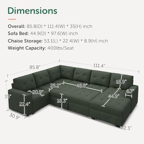 HONBAY Modular Sectional Sleeper Sofa with Pull Out Bed, U Shaped Sleeper Couches with Storage Chaise, 114'' Sleeper Sectional Sofas for Living Room, Apartment (Velvet Green) - Image 2