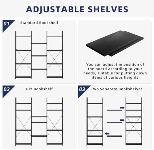 NUMENN Triple Column 4 Tier Bookshelf with 11 Adjustable Shelves, Black - Image 6