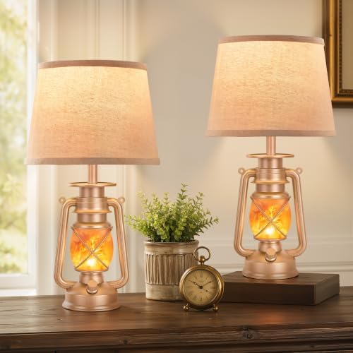 LEDIARY 18.72" Champaign Gold LED Lantern Flickering Flame Table Lamps for Bedrooms Set of 2, Small Farmhouse Rustic End Table Lamps, Halloween Decorative Lantern Bedside Lamps for Living Room by LEDIARY