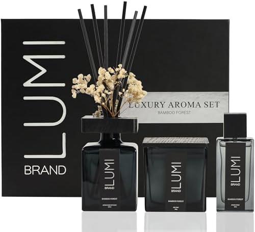 Luxury Aroma Gift Set | Bamboo Forest Scent - Reed Diffuser (200ml), Wood Wick Soy Candle (200g), Room Spray(50ml) | Includes Dried Flowers & 8 Reeds | Luxurious Fragrance for Home Décor | Great Gifts by LumiBrand