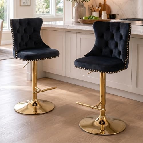 SoarFlash Velvet Bar Stool Set of 2, Adjustable Swivel Bar Stools with Gold Plated Metal Leg, Button Tufted, Footrest, Chrome Nailhead, Counter Height Chair for Kitchen, Bar, Dining Room (Black) by SoarFlash