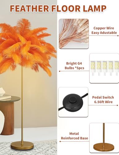 Feather Floor Lamp,Fluffy Ostrich Feather Floor Lamp for Bedroom,3 Color Temperatures Led Corner Modern Floor Lamps for Living Room Christmas Home Decor House Warming Gifts,63″ Height (Orange) - Image 4
