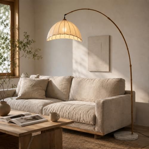 Boho Arc Floor Lamp with Fabric Shade,Simulated Bamboo Standing Lamp by BOFEA