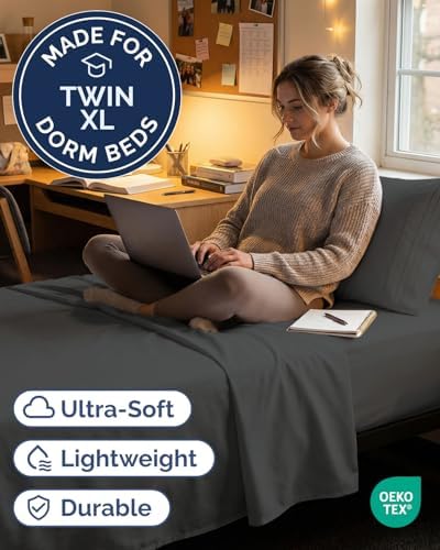 Twin XL 3 Piece Sheet Set - College Dorm Room Essentials - Charcoal - Image 2