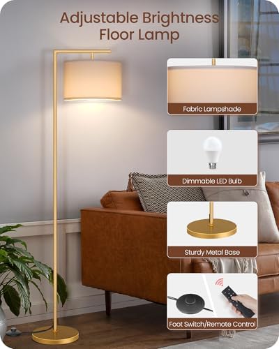 Gold Dimmable Floor Lamp, Modern Arc Lamp with Remote, Standing Corner Light with Lampshade, Tall Reading Lighting for Bedroom, Living Room, Office, Den, White, LED Bulb Included, DW11LD05 - Image 6