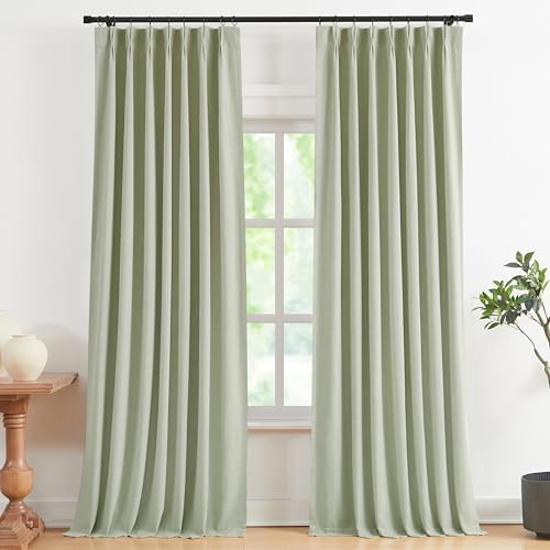 Vision Home Soft Green Pinch Pleated Full Blackout Curtains Linen Blended Room Darkening Curtain Panels 84 inch for Living Room Bedroom Thermal Insulated Pinch Pleat Drapes with Hooks 40" Wx84 Lx2 by VisionHome