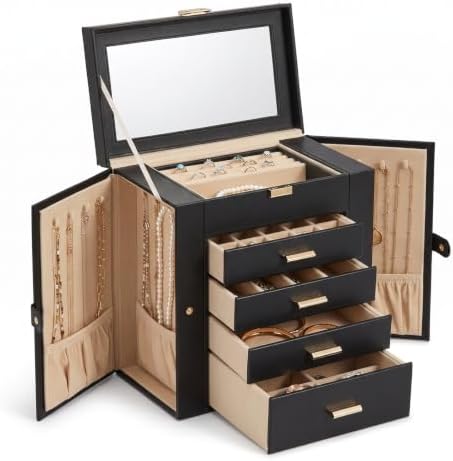 Large Leather Jewelry Box for Women, Mirror, 5 layer, Black by Homruilink