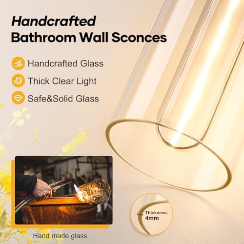 Wall Sconces Set of Two, Brushed Gold Bathroom Sconces Wall Lighting with Clear Glass, Hardwired Modern Sconces Wall Decor Set of 2 for Bathroom Mirror Bedroom Living Room Hallway - Image 4