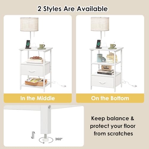 Fixwal Bedside Table with 3 Color Temperatures Bulb Attached, Nightstand with Charging Station and Lights, End Table with Fabric Drawer for Bedroom & Dorm (White) - Image 6