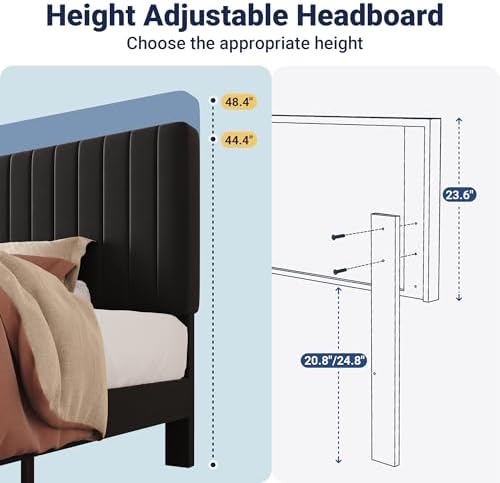 Allewie Twin Bed Frame, Velvet Upholstered Platform Bed with Adjustable Vertical Channel Tufted Headboard, Mattress Foundation with Strong Wooden Slats, Box Spring Optional, Easy Assembly, Black - Image 6