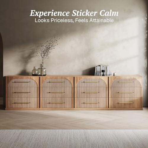 BELLEZE Set of 4 Fluted Modular Sideboard Cabinet, 130'' Classic Modern Buffet Cabinet with 3 Drawers, Accent Credenza Cabinet for Living Room Kitchen Entryway (Camel) - Image 4