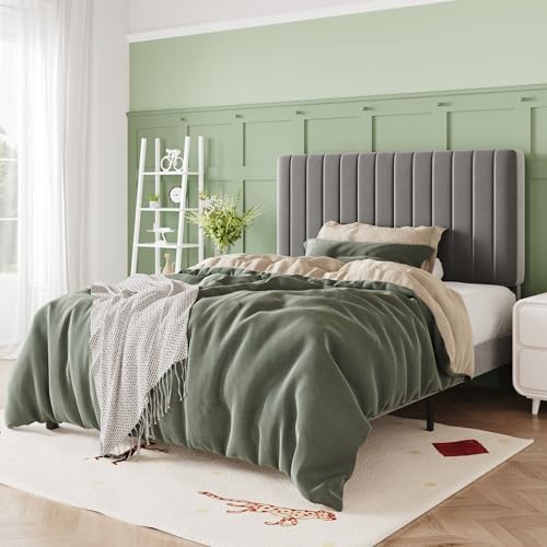Allewie Twin Bed Frame, Velvet Upholstered Platform Bed with Adjustable Vertical Channel Tufted Headboard, Mattress Foundation with Strong Wooden Slats, Box Spring Optional, Easy Assembly, Grey by Allewie