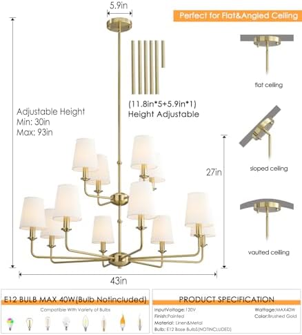 12-Light Brushed Gold Chandelier, E12 Bulb Compatible, White Fabric Shades, Adjustable Rod, Farmhouse & Industrial Style Ceiling Light for Living Room Dining Room Bedroom - Image 3