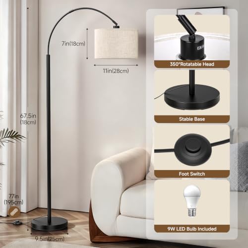 Arc Floor Lamps for Living Room, Black Standing Lamp with Linen Shade - Image 5