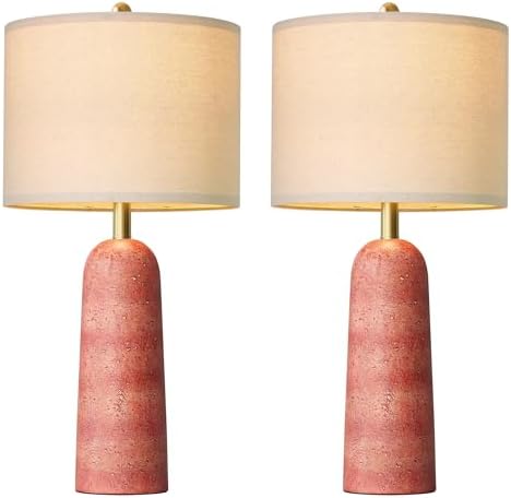 BOBOMOMO 27.25" Modern Table Lamp Set of 2, Red Resin Table Lamps with Stone Look, Lamps for Living Room with Linen Shades, Bedside Lamps for Bedroom Nightstand, Table Lamps for Living Room End Tables - Image 2