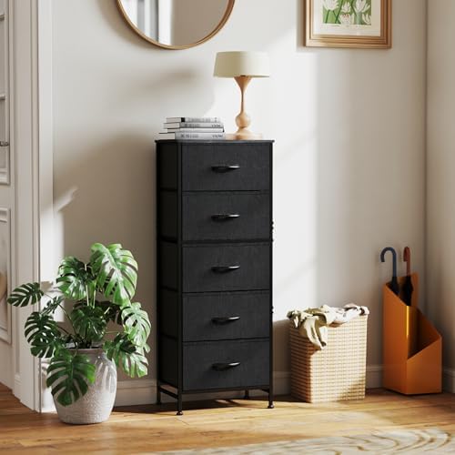 DUMOS Nightstand with 5 Drawers, Bedside Table with Removable Fabric Bins, Sturdy Steel Frame Wood Top Skinny Dresser for Bedroom Closet Living Room, Black - Image 2
