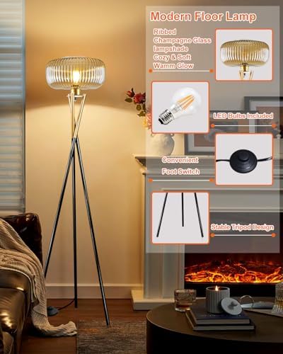 Lightdot Glass Tripod Floor Lamp for Living Room, Modern Gold&Black Standing Lamp with Ribbed Brown Glass Shade, Arc Tall Lamp for Bedroom/Reading Room/Sofa Beside/Corner Decor (Bulb Included) - Image 5