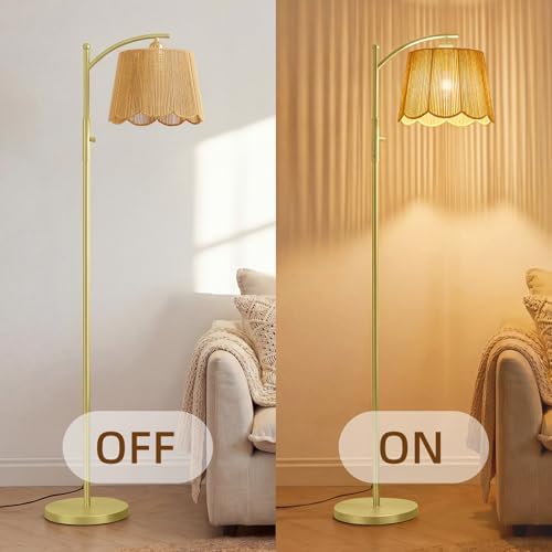 Rattan Boho Arc Floor Lamp with Flower-Inspired Scalloped Woven Shade - Image 5