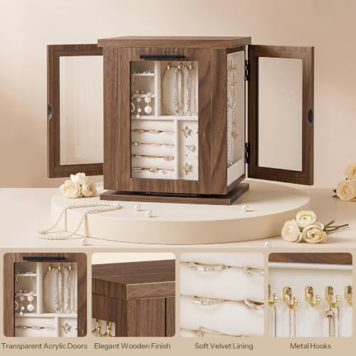HOOBRO 360° Rotating Jewelry Box with Mirror, Wooden Jewelry Organizer Box - Image 6