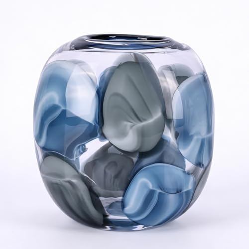 Hand Blown Blue Glass Vase, 8.5 in Round Wide Mouth Blue Gray Vase, Decorative Glass Vase for Flowers, Coastal Home Decor Centerpiece for Table, Shelf, Entryway, in The Bathroom, or Living Room by XIYOUQI