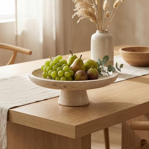 Natural Travertine Decorative Bowl - 10" Small Oval Pedestal Catchall Tray - Handcrafted Beige Footed Stone Centerpiece for Entryway, Coffee Table, or Kitchen (Japandi Style) by Unknown
