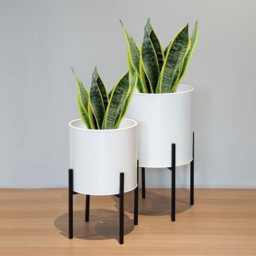 ARNIS Modern Plant Pots, Large Planters with Stand, Set of 2 Decorative Planters, Metal Pots with Drainage Holes for Living Room, Office, Garden or Balcony, 10.5 &12.25 Inch, White - Image 3